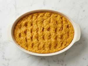 Unbaked Finnish Christmas carrot casserole in a white oval baking dish before adding breadcrumbs