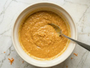 Mixed Christmas carrot casserole filling in a bowl with a spoon