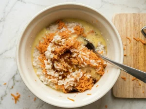 Rice porridge, grated carrots, carrot purée, egg, and syrup in a bowl for Christmas carrot casserole