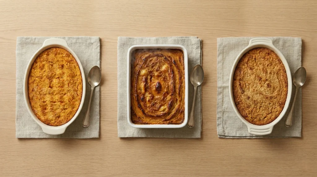 Three traditional Finnish Christmas casseroles side by side on linen napkins: porkkanalaatikko (carrot casserole) on the left, imelletty perunalaatikko (malted potato casserole) in the center, and lanttulaatikko (rutabaga casserole) on the right