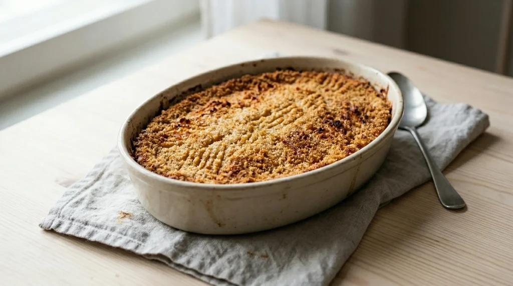 Finnish lanttulaatikko in a rustic cream oval ceramic baking dish on a pale wood table, golden breadcrumb crust with fork pattern visible, grey linen cloth underneath and a serving spoon alongside, soft natural window light