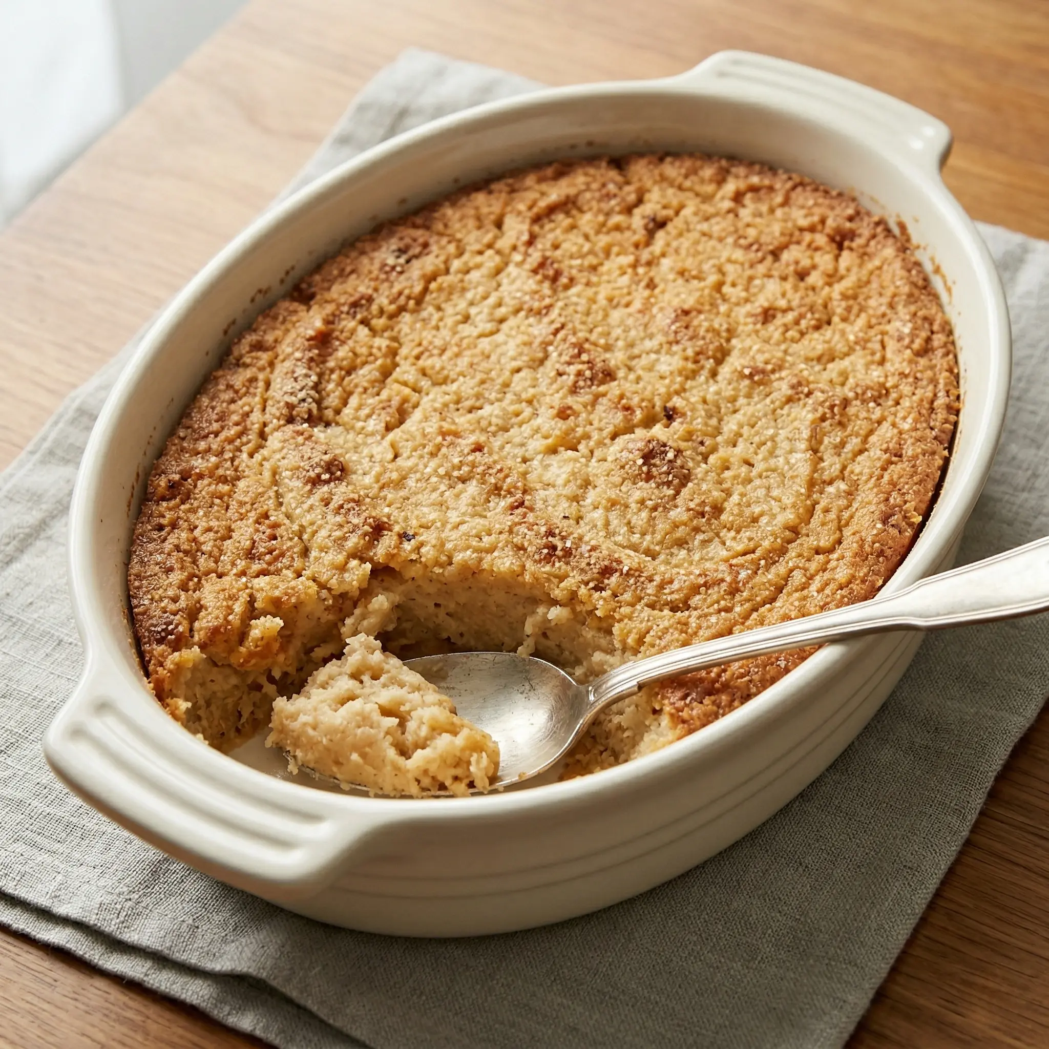 Finnish lanttulaatikko in a cream oval ceramic baking dish, golden breadcrumb crust with one portion scooped out revealing the pale beige rutabaga interior, silver serving spoon resting in the dish on a grey linen cloth