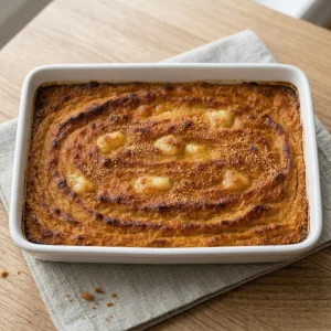 Finnish malted potato casserole (imelletty perunalaatikko) in a white ceramic baking dish with a deep golden-brown caramelized top