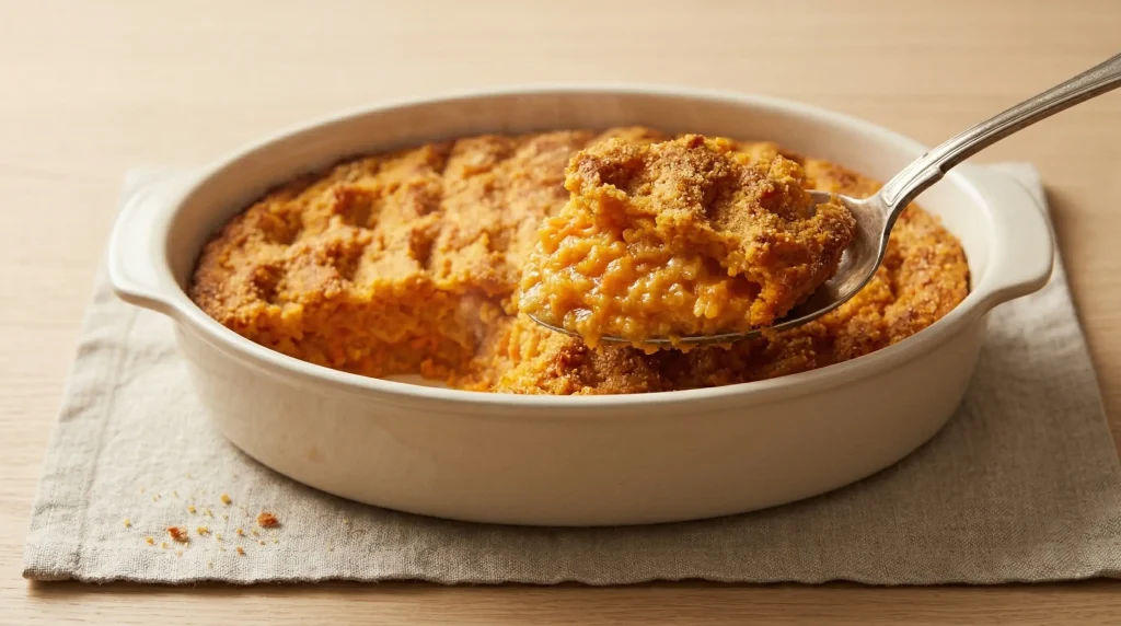 Spoon lifting a serving of Finnish Porkkanalaatikko revealing the creamy orange carrot and rice filling beneath a golden breadcrumb crust