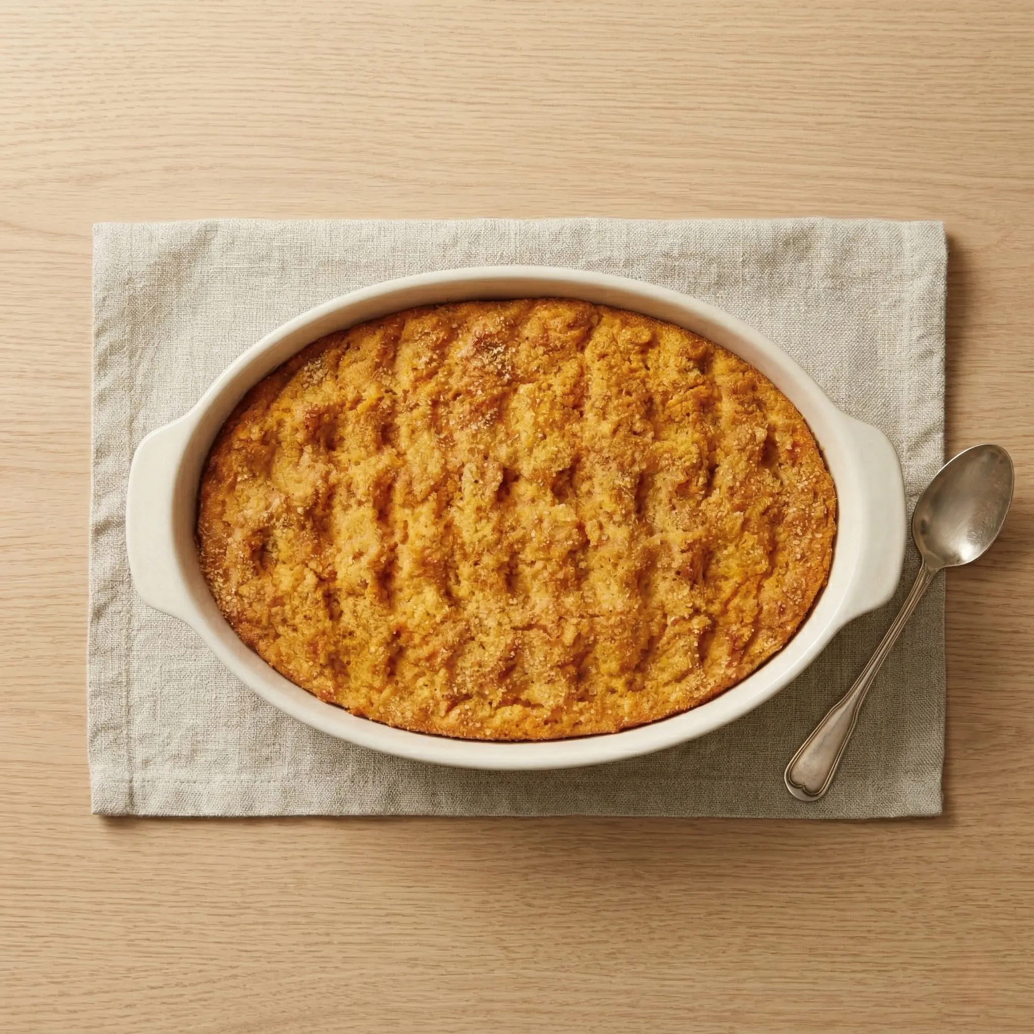 Overhead view of Finnish Porkkanalaatikko in a white oval baking dish with a vintage silver spoon on a linen napkin