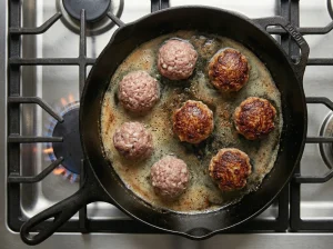 Overhead view of Swedish meatballs at different stages of browning frying in foaming butter in a cast iron skillet on a gas stove with blue flame visible