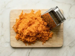 Freshly grated carrots on a cutting board with a box grater