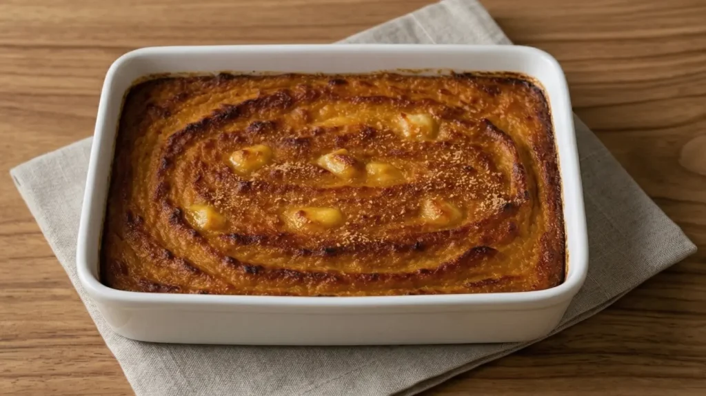 Baked imelletty perunalaatikko with a rich caramelized crust in a white oven dish placed on a wooden table