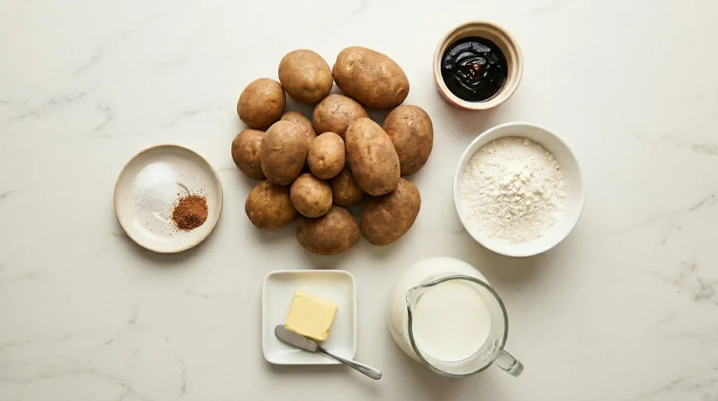 Ingredients for imelletty perunalaatikko laid out on a white marble surface: starchy potatoes, wheat flour, butter, milk, dark syrup, salt, and spices