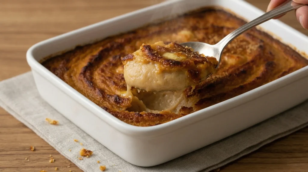 A spoon lifting a soft, creamy serving of imelletty perunalaatikko from a white baking dish, revealing the pale, malty interior beneath the caramelized crust