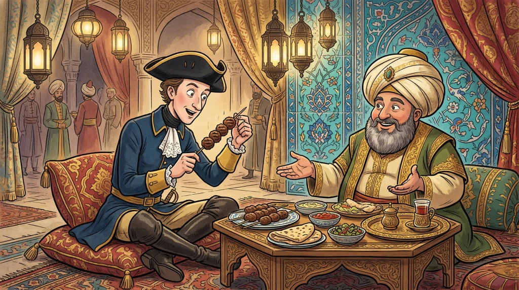 Humorous cartoon illustration of King Charles XII of Sweden in his blue military uniform sitting at an Ottoman table, curiously inspecting a kofta skewer offered by an Ottoman host in an Istanbul palace