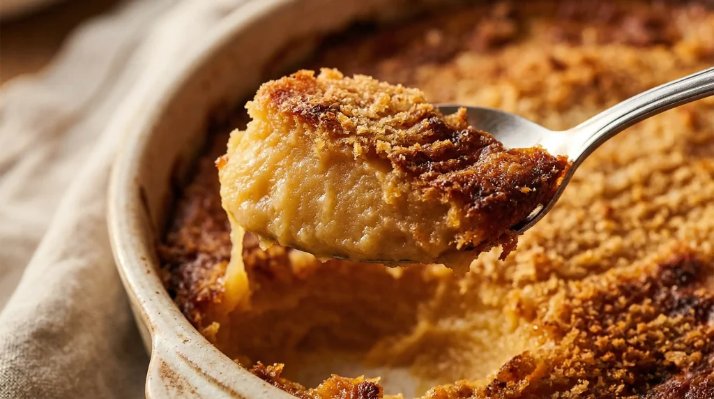 Extreme close-up of a silver spoon lifting a portion of Finnish lanttulaatikko from a rustic ceramic baking dish, showing the warm golden-brown breadcrumb crust on top and the pale beige rutabaga mash beneath