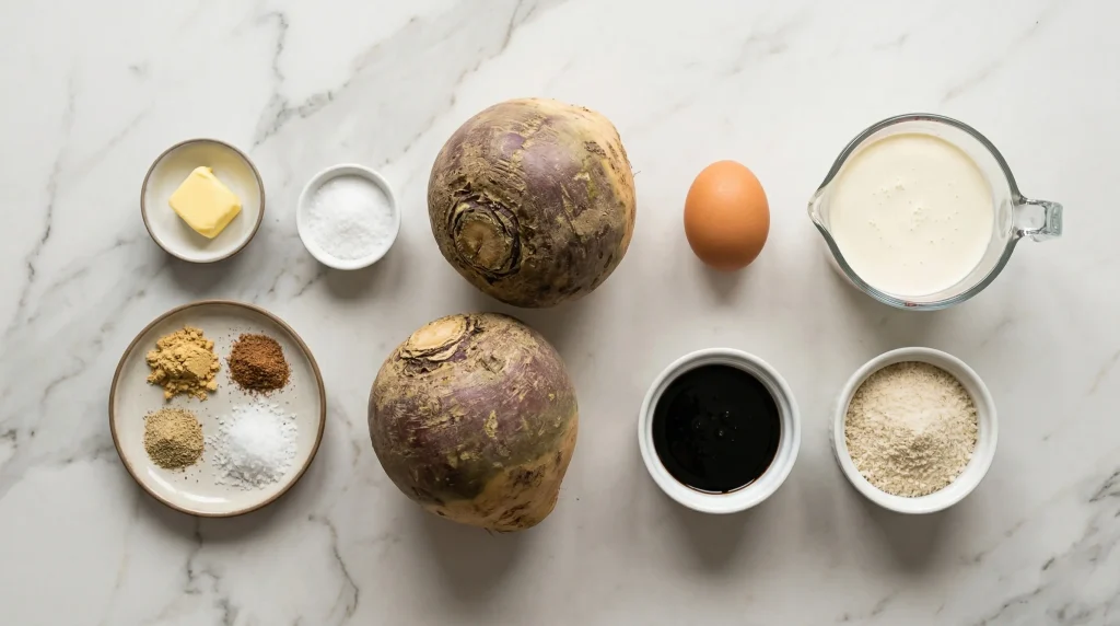 Overhead flatlay of Finnish lanttulaatikko ingredients on a white marble surface: two whole rutabagas, a brown egg, a glass jug of cream, a small bowl of dark syrup, fine breadcrumbs, butter, salt, and a plate of ground spices including ginger, cinnamon, nutmeg and white pepper