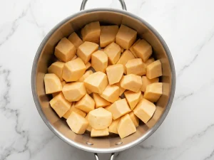 Peeled and cubed raw rutabaga chunks in a stainless steel pot, ready to be boiled for Finnish lanttulaatikko