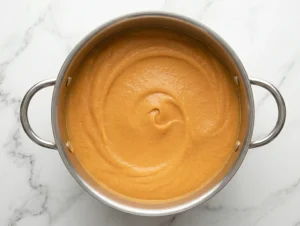 Smooth mashed rutabaga mixture with cream, dark syrup, egg and spices combined in a stainless steel pot, ready to be poured into the baking dish for Finnish lanttulaatikko