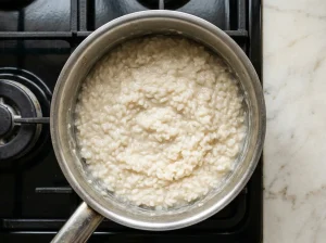 Creamy rice porridge cooking in a saucepan for Christmas carrot casserole