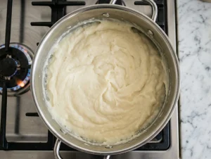 Smooth, freshly mashed potatoes in a stainless steel pot on a gas stove, the base for Finnish sweetened potato casserole imelletty perunalaatikko