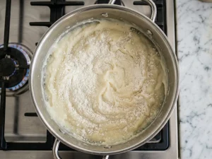 All-purpose flour sprinkled over warm mashed potatoes in a stainless steel pot, starting the enzymatic sweetening process called imellytys for Finnish potato casserole