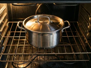 Covered stainless steel pot sitting in a warm oven during the slow imellytys sweetening phase of making Finnish Christmas potato casserole imelletty perunalaatikko