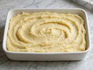 Sweetened potato mash poured into a white ceramic baking dish with a decorative swirl pattern, ready to bake into Finnish Christmas casserole imelletty perunalaatikko