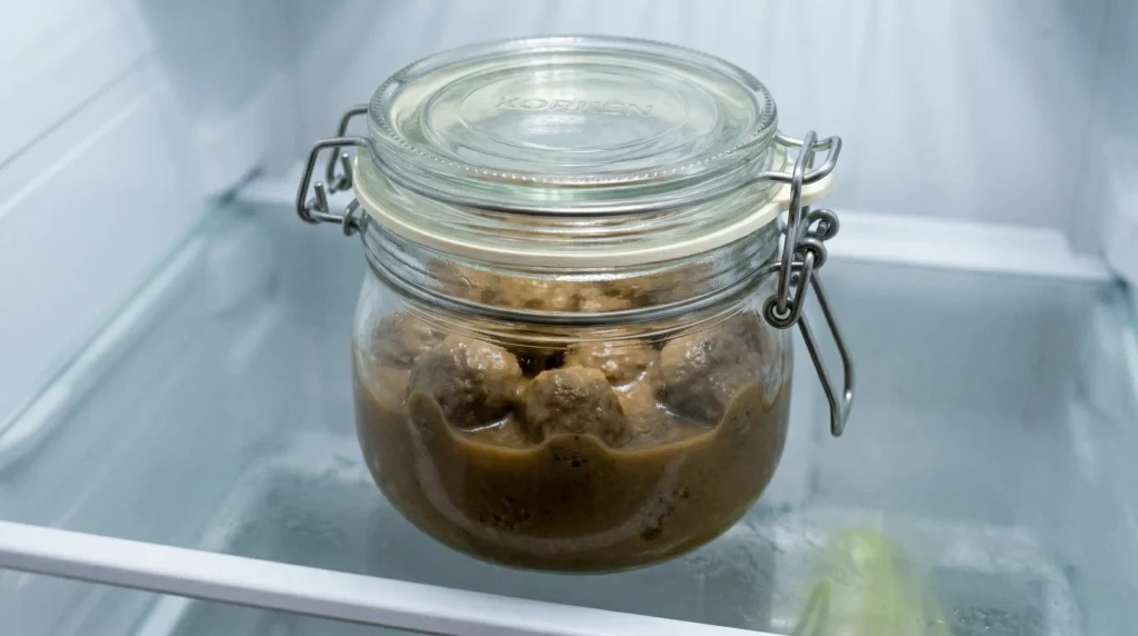A glass clip-top jar filled with Swedish meatballs in congealed brown gravy sitting on a refrigerator shelf, viewed from the front
