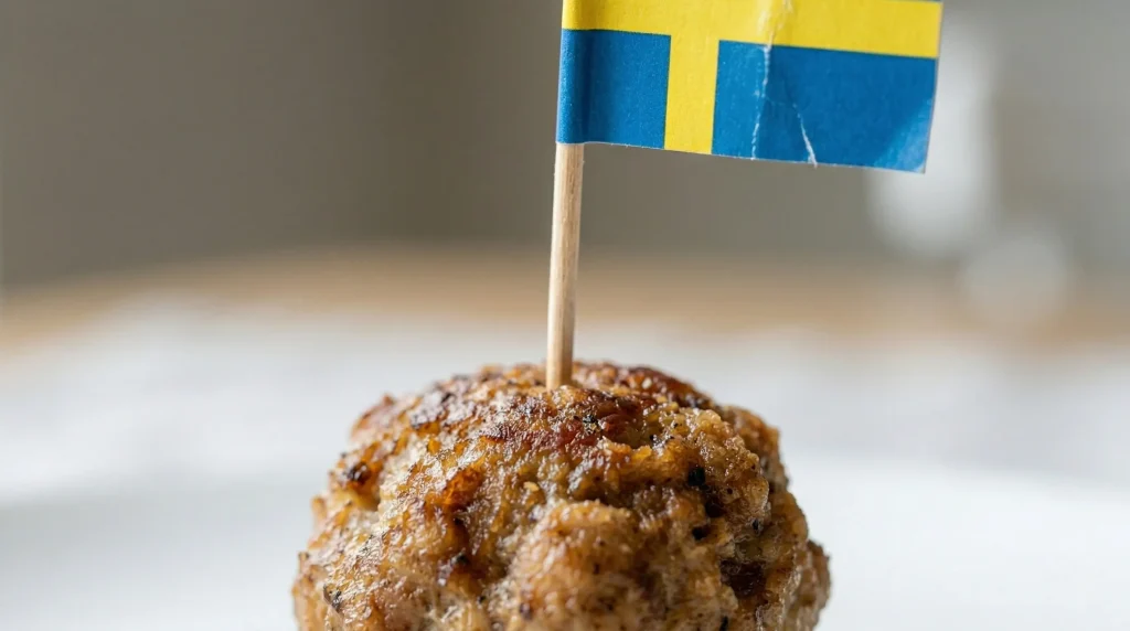 Close-up of a single golden-brown Swedish meatball with a small Swedish flag on a toothpick stuck into the top, soft natural light, no sauce