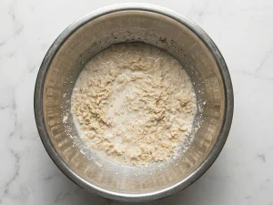 verhead view of white breadcrumbs fully soaked in milk in a stainless steel mixing bowl on a marble surface, soft and porridge-like in texture