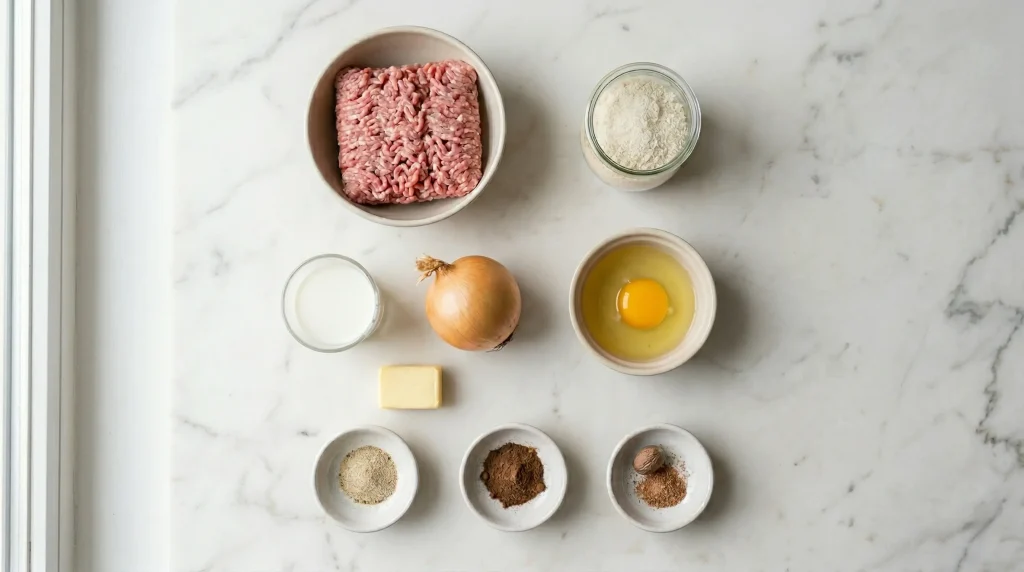 Top-down knolling flat lay of Swedish meatball ingredients on white marble: ground meat, breadcrumbs, egg, yellow onion, milk, butter, and small bowls of white pepper, allspice, and nutmeg
