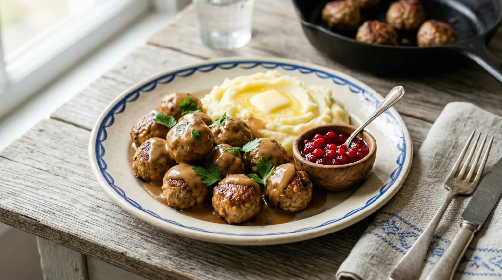 Classic Swedish meatballs in brown gravy on a blue-rimmed ceramic plate with creamy mashed potatoes topped with melting butter, a small wooden bowl of lingonberry jam, and a cast iron skillet in the background