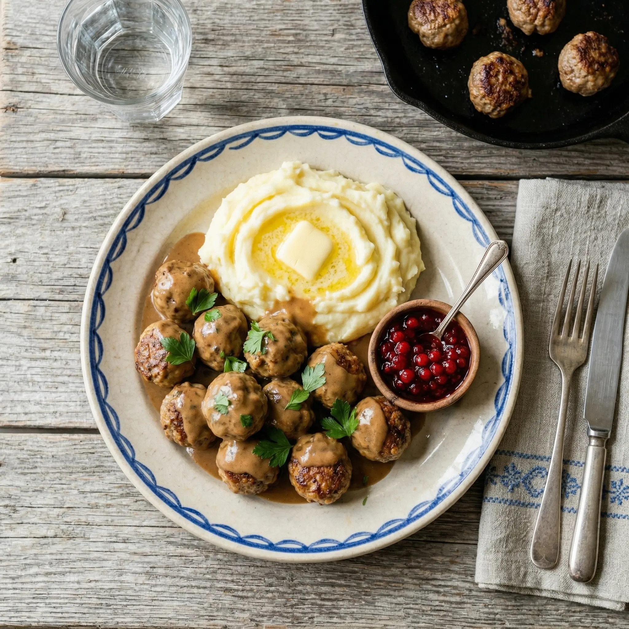 Classic Swedish meatballs in brown gravy on a blue-rimmed ceramic plate with creamy mashed potatoes topped with melting butter, a small wooden bowl of lingonberry jam, and a cast iron skillet in the background