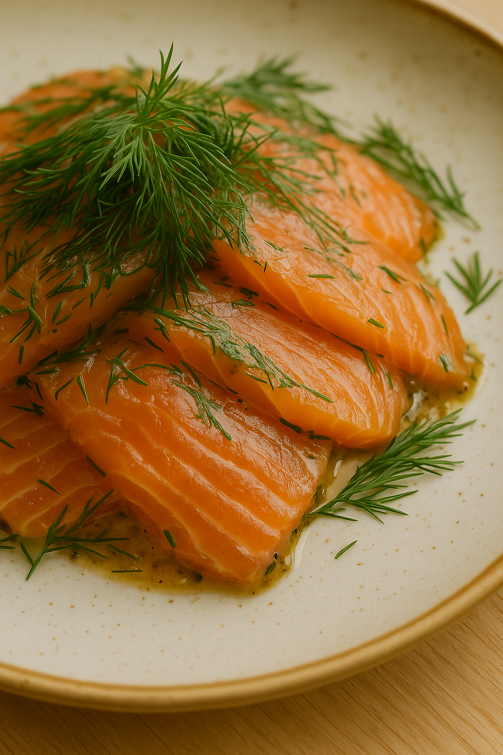 Thin slices of Swedish gravlax (cured salmon) with fresh dill and lemon, served with mustard–dill sauce on rye bread.