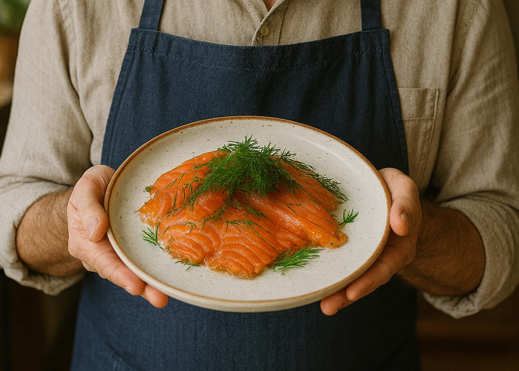 Person holding a plate of freshly sliced gravlax garnished with dill.