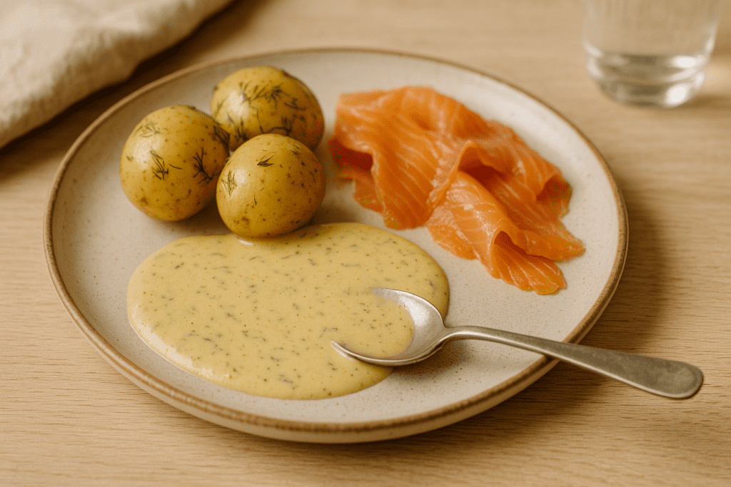 Hovmästarsås — Swedish mustard-dill sauce in a small bowl with fresh dill, ready to serve with gravlax