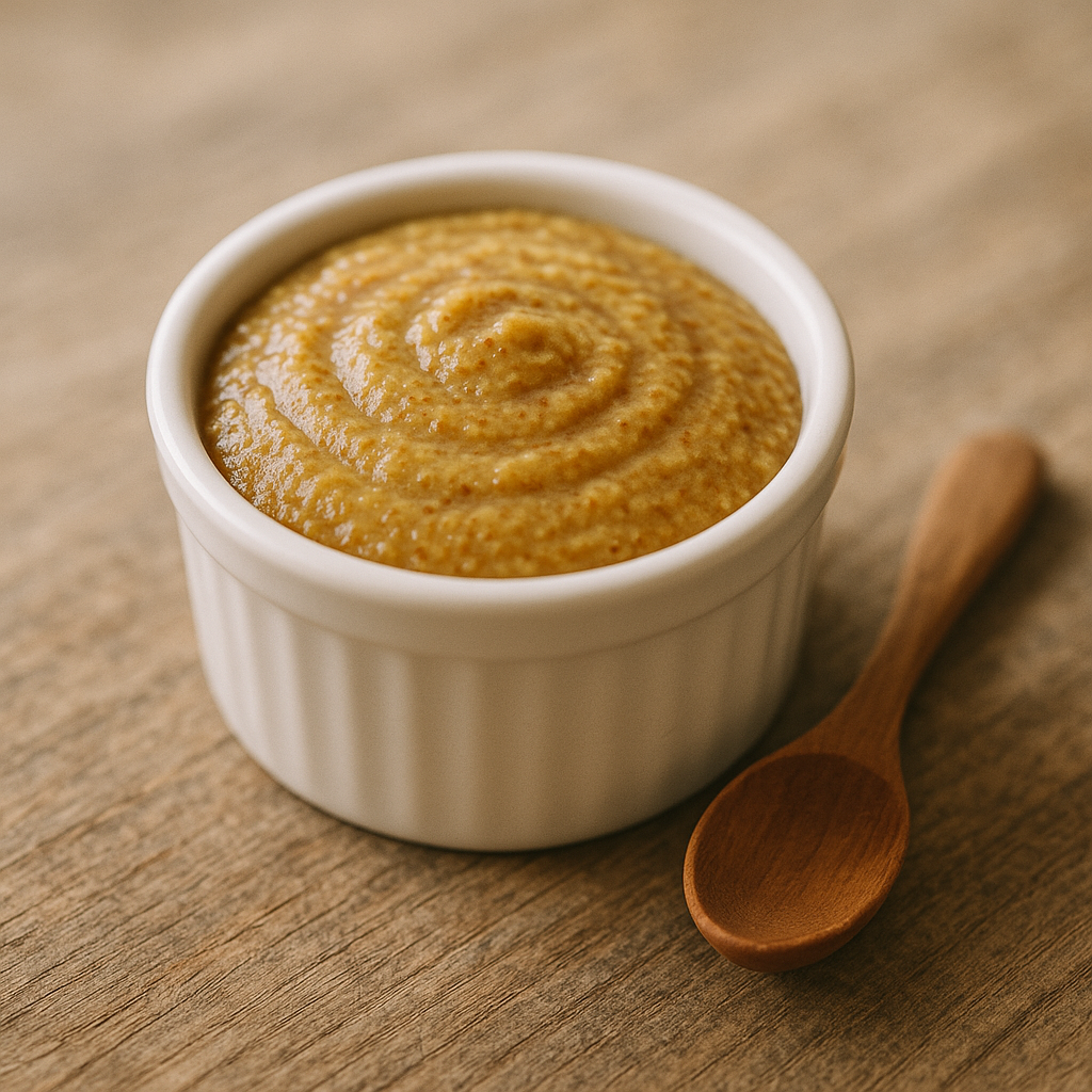 Skånsk senap (medium-coarse Swedish mustard) in a white ramekin on rustic oak table with a small wooden spoon, natural window light and creamy bokeh.