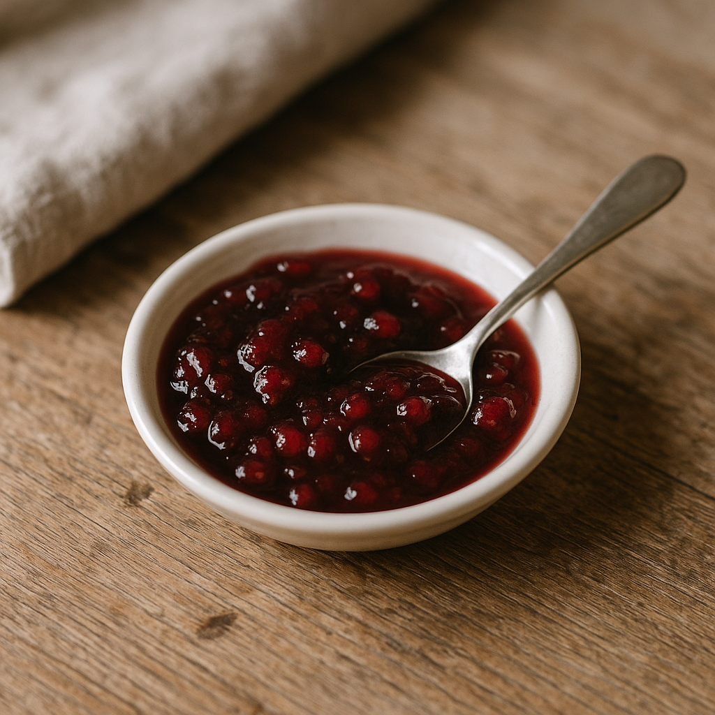 Bowl of glossy lingonberry jam on a wooden table with a linen cloth.