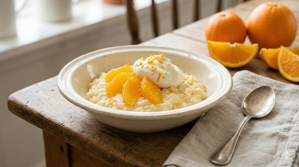 Bowl of Swedish apelsinris (orange rice porridge) topped with orange segments, whipped cream, and orange zest on a rustic table.