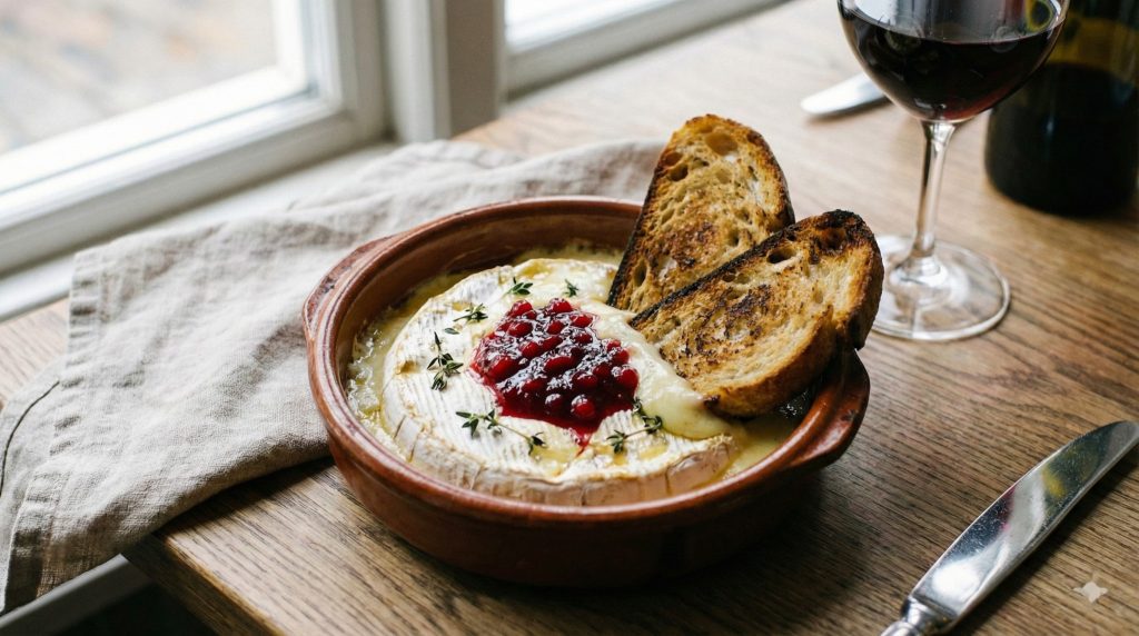 A rustic ceramic dish of gooey baked camembert cheese topped with vibrant red lingonberry jam and fresh thyme, served with golden-brown sourdough toast on a wooden table.