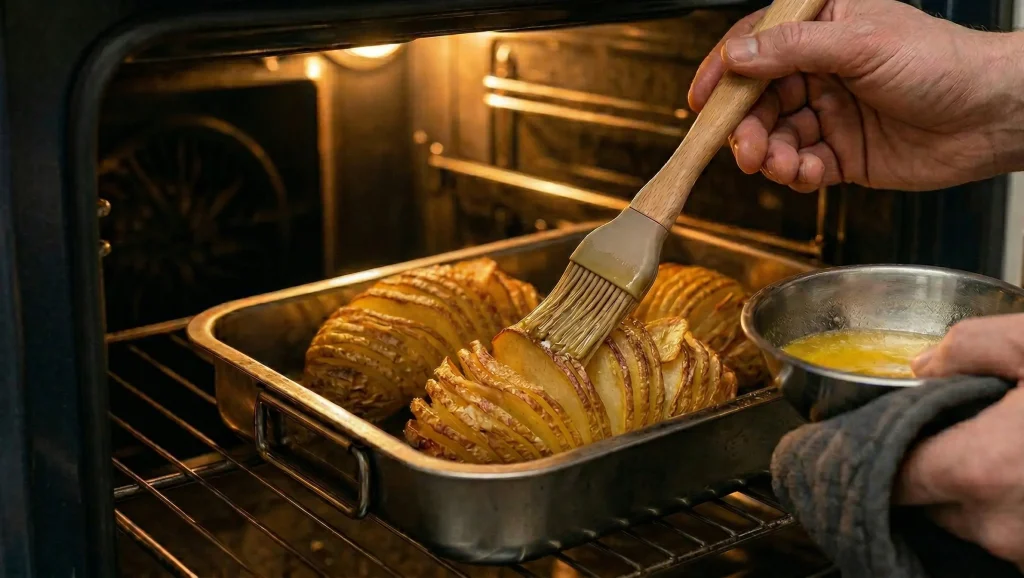 A chef's hands using a brush to baste sliced Hasselback potatoes with melted butter in a metal roasting pan inside a hot oven.