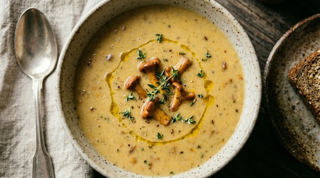 Top-down view of a bowl of chanterelle soup with parsley and croutons on a wooden table.
