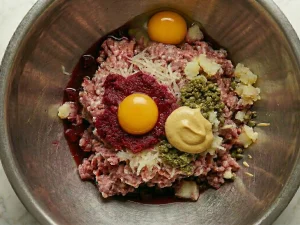 Ground beef in a bowl with eggs, mustard, grated onion, capers, potato, and beetroot for Biff à la Lindström
