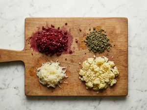 Chopped pickled beets, capers, grated onion, and cooked potato prepared for Biff à la Lindström