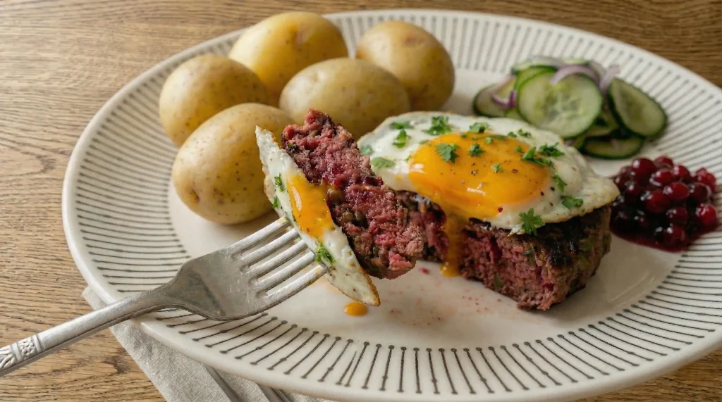 Cut-open Biff à la Lindström showing its beet- and caper-studded interior, topped with a fried egg and served with potatoes, cucumber salad, and lingonberries.