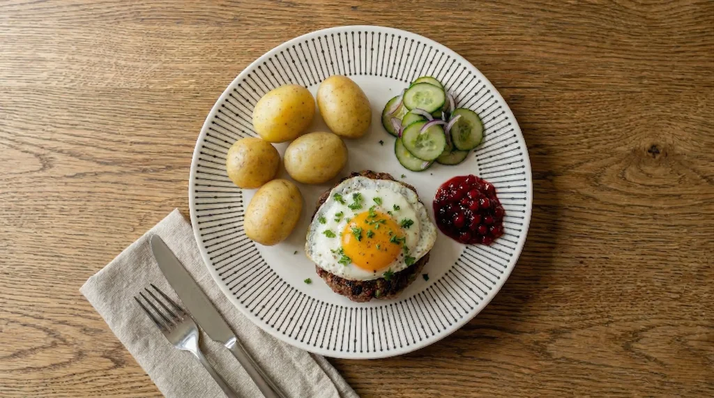 Biff à la Lindström served with a fried egg, boiled potatoes, cucumber salad, and lingonberries on a patterned plate.