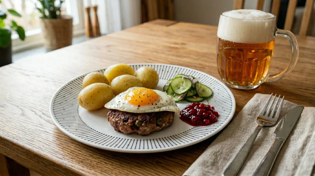 Biff à la Lindström plated with a fried egg, boiled potatoes, cucumber salad, lingonberries, and a glass of beer on a wooden table.