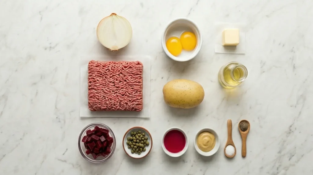 Ingredients for Biff à la Lindström arranged on a marble surface, including ground beef, beets, capers, onion, egg yolks, potato, mustard, butter, and seasoning.