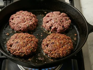 Biff à la Lindström patties frying in a cast-iron skillet, browned on one side