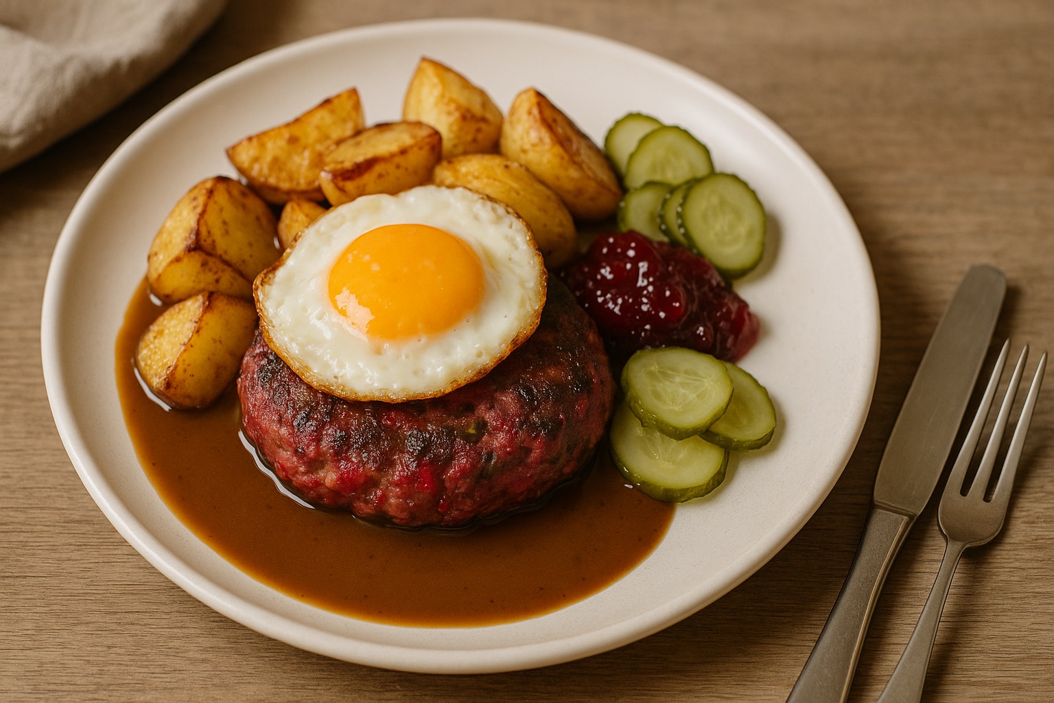 Biff à la Lindström on a plate with fried egg on top, crispy roasted potatoes, gravy, pickled cucumbers and a spoonful of lingonberry jam.