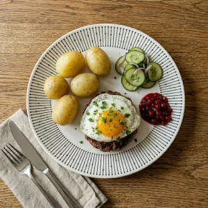 Overhead view of Biff à la Lindström with a fried egg, boiled potatoes, cucumber salad, and lingonberries on a white plate.