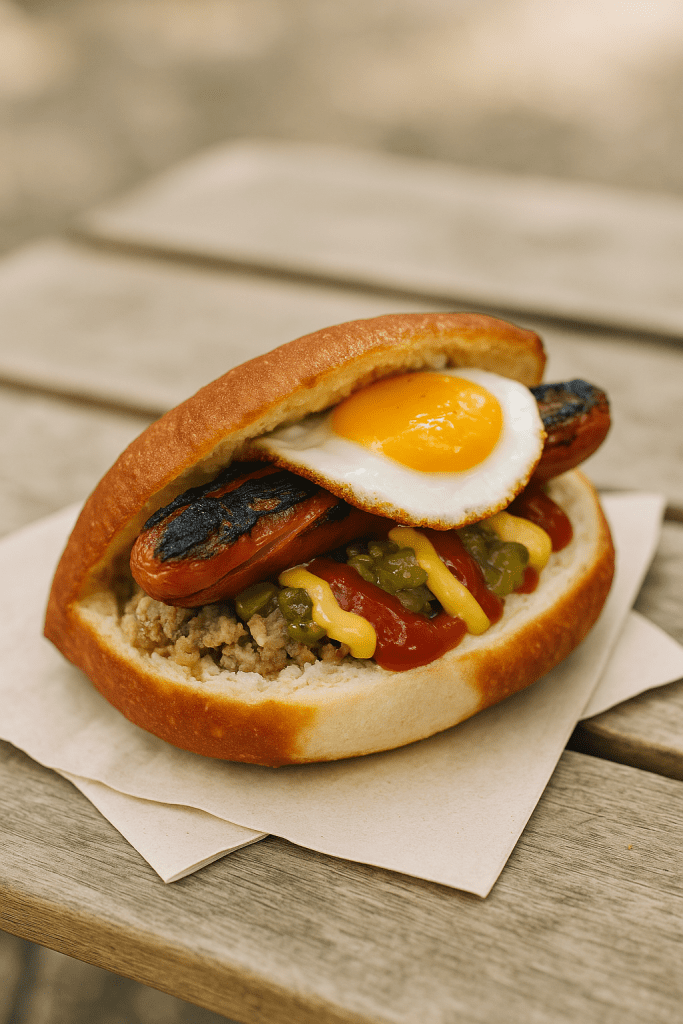 Grilled sausage finnish lihapiirakka with minced meat, relish, ketchup, mustard, and a sunny-side-up egg, served on parchment on a wooden table.