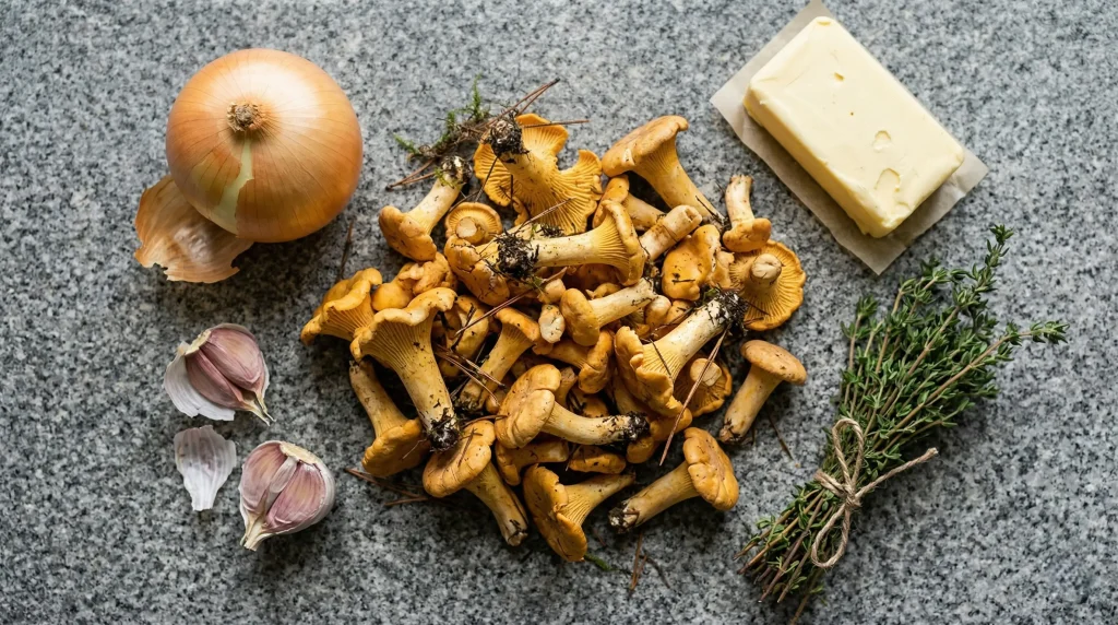 Raw ingredients for chanterelle soup including golden mushrooms, onion, garlic, butter, and fresh thyme on a granite counter.